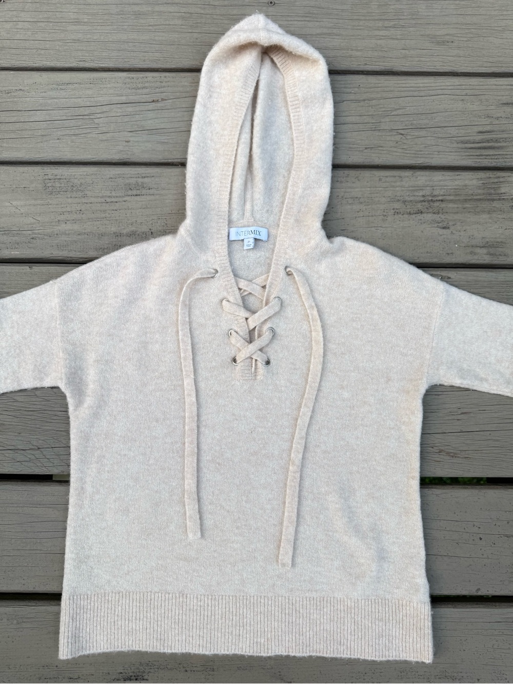 INTERMIX Lace-Up Hoodie Sweater in Light Beige - Picture 3 of 16